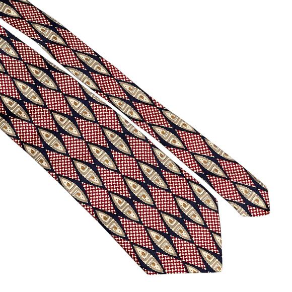 Harken Ltd 100% Silk Tie Red/Navy Geometric Diamond Medallion - Picture 3 of 7